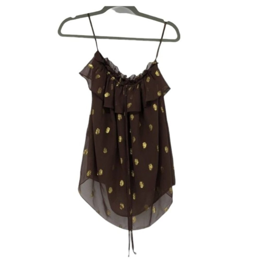 Nwt Milly New York Brown Silk Metallic Gold Polka Dot Ruffle Multi-Tie Tank Top